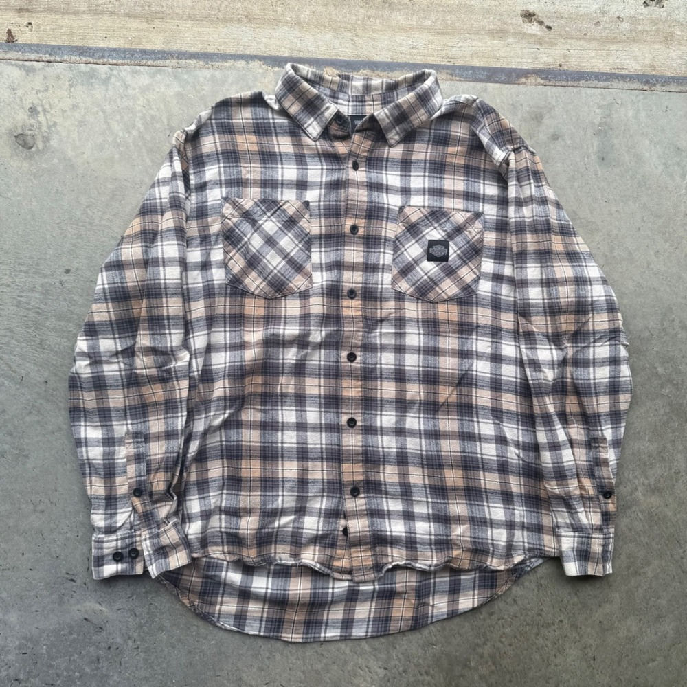 Harley-Davidson Mens XL Plaid Flannel Shirt Embroidered Back Logo Tan Regular
